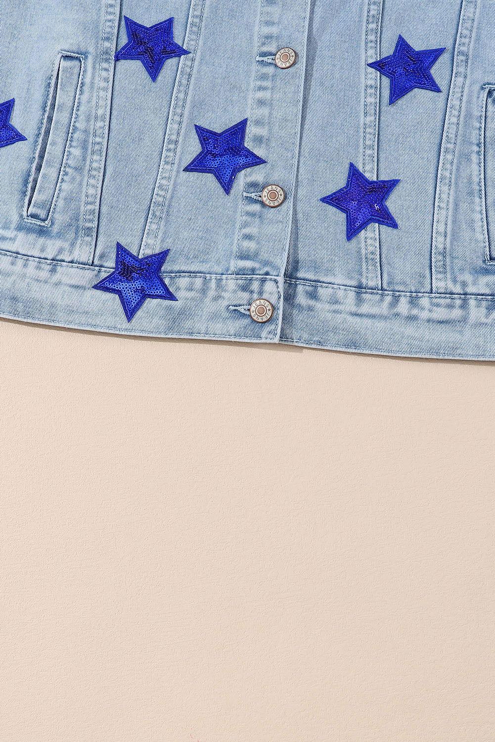 Pocketed Geometric Collared Neck Denim Jacket - Clothes For Her Online Store