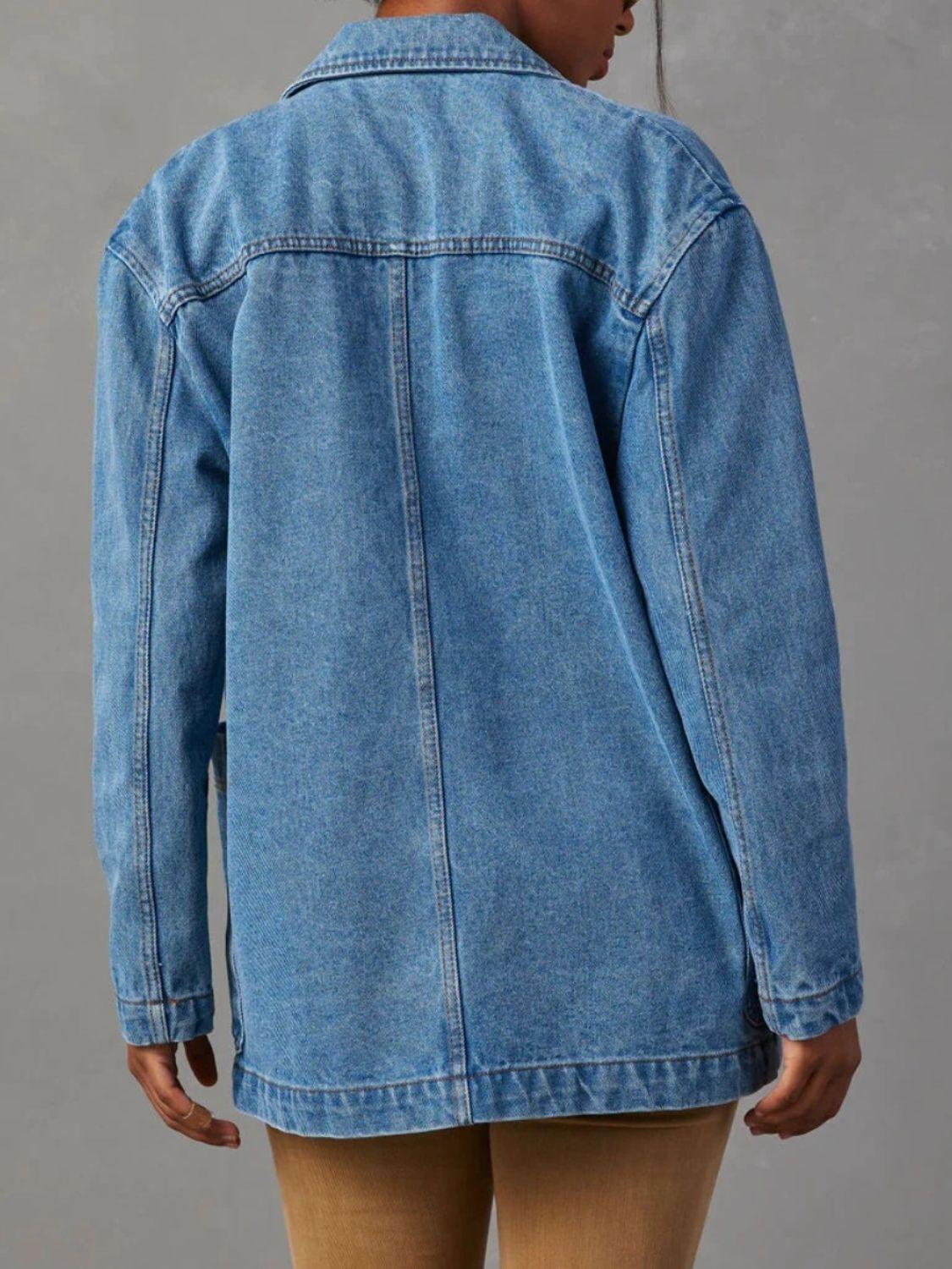 Pocketed Lapel Collar Long Sleeve Denim Jacket - Clothes For Her Online Store