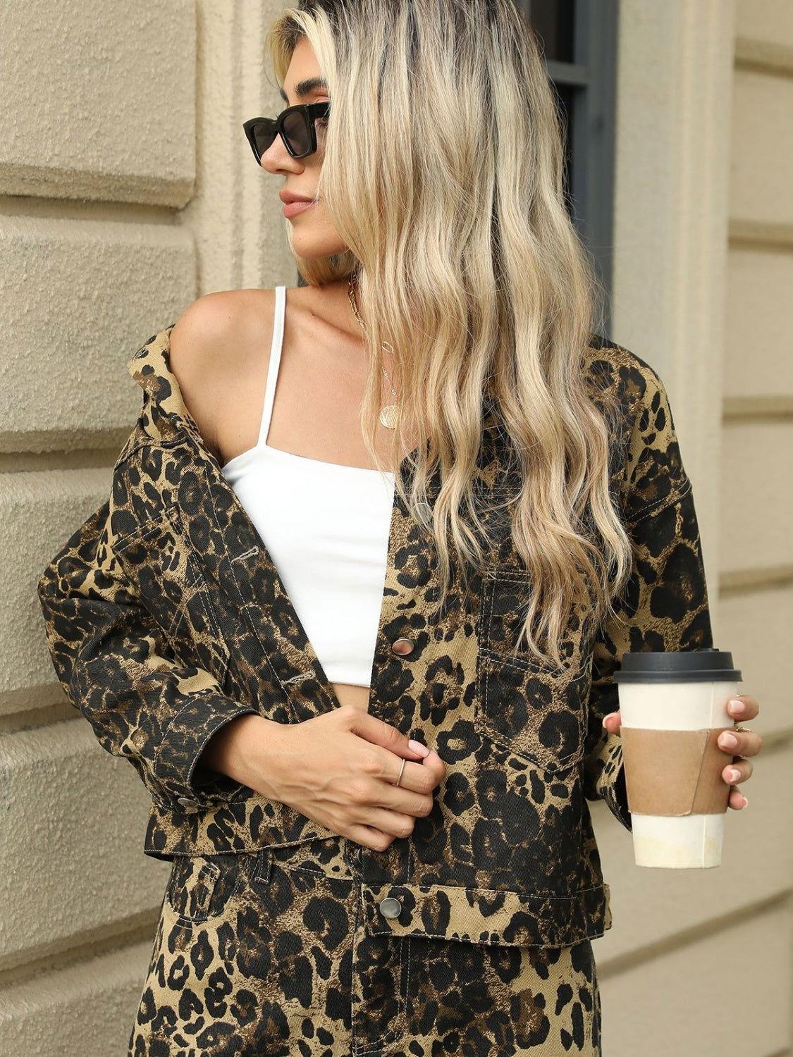 Pocketed Leopard Long Sleeve Denim Jacket - Clothes For Her Online Store