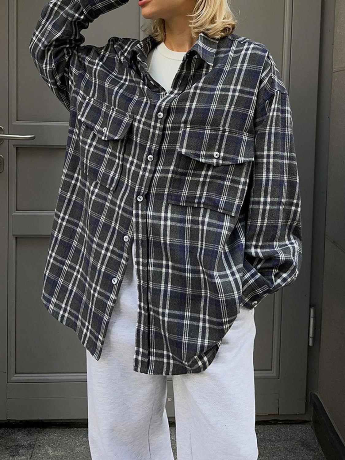 Pocketed Plaid Button Up Shacket - Clothes For Her Online Store