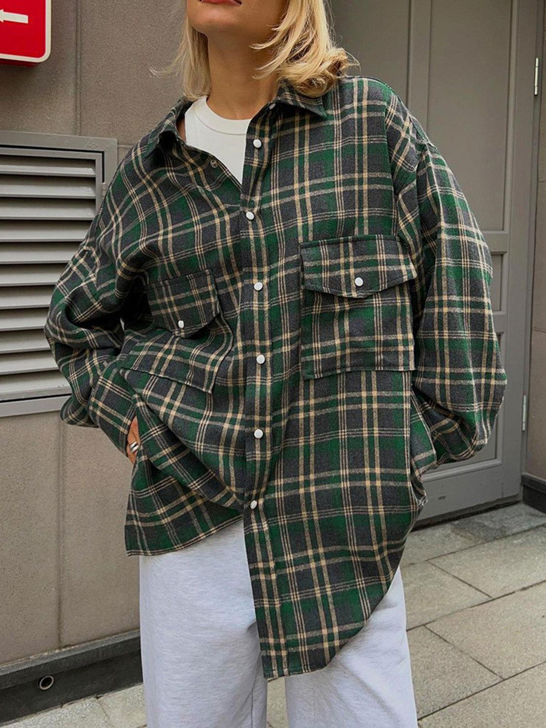 Pocketed Plaid Button Up Shacket - Clothes For Her Online Store