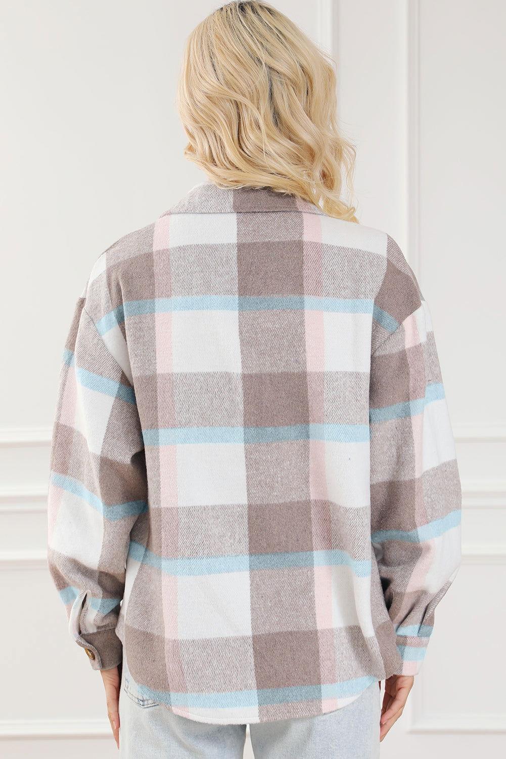Pocketed Plaid Collared Neck Jacket - Clothes For Her Online Store