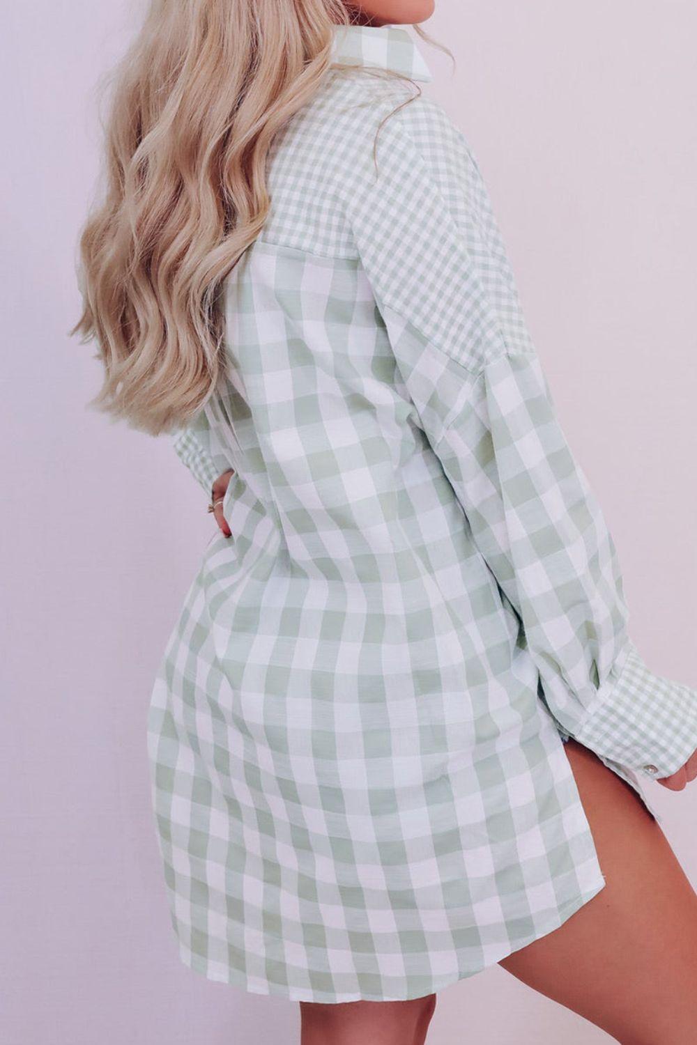 Pocketed Plaid Collared Neck Long Sleeve Shirt - Clothes For Her Online Store