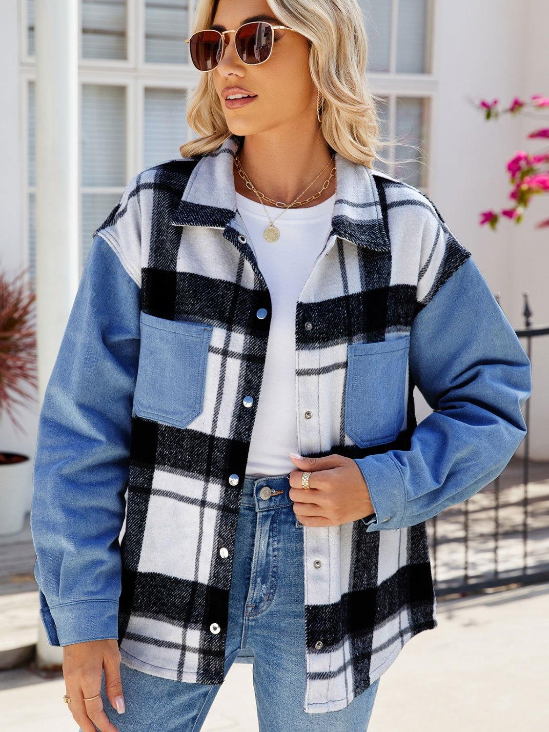 Pocketed Plaid Snap Down Denim Jacket - Clothes For Her Online Store