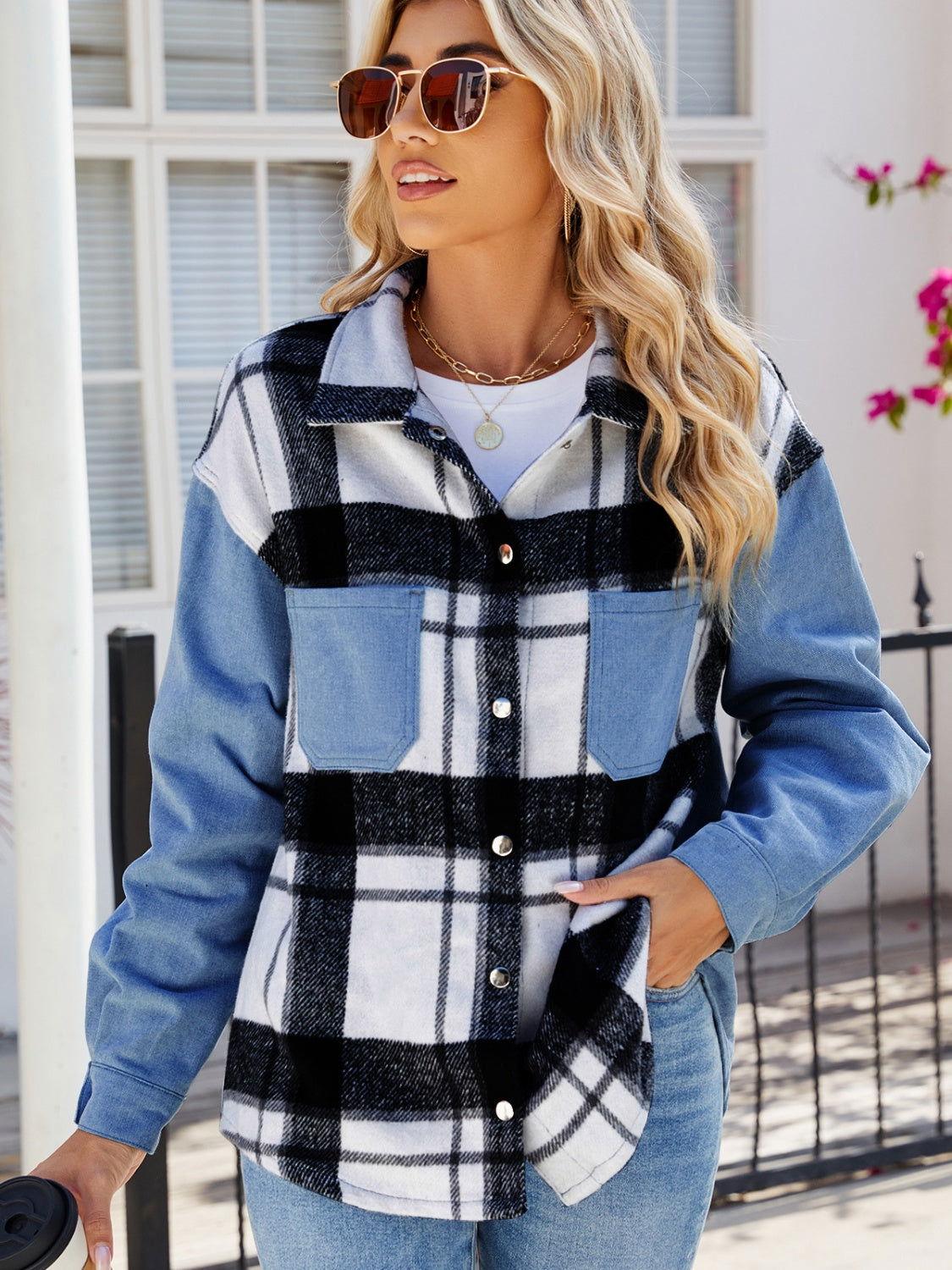 Pocketed Plaid Snap Down Denim Jacket - Clothes For Her Online Store