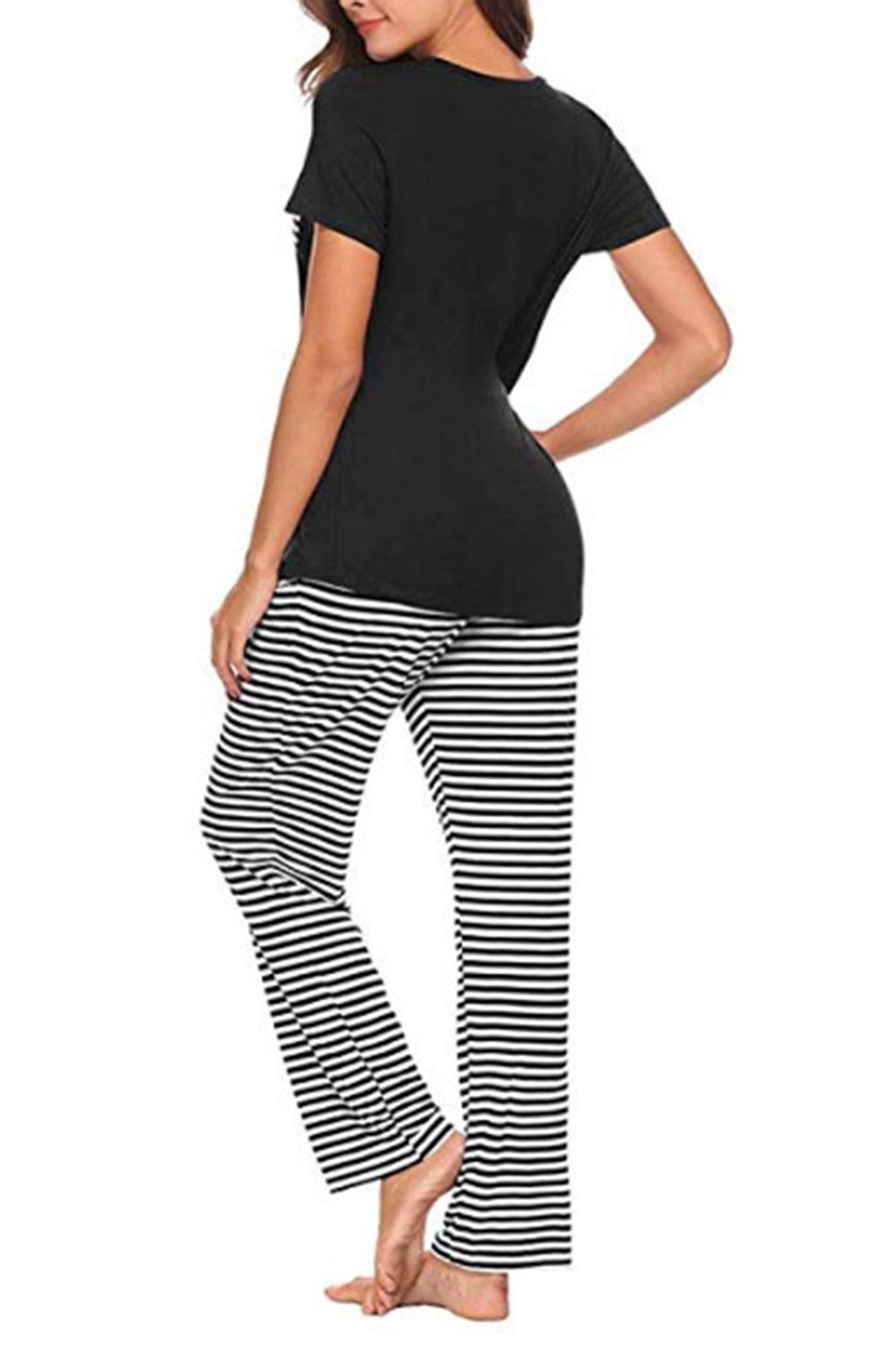Pocketed Short Sleeve Top and Striped Pants Lounge Set - Clothes For Her Online Store