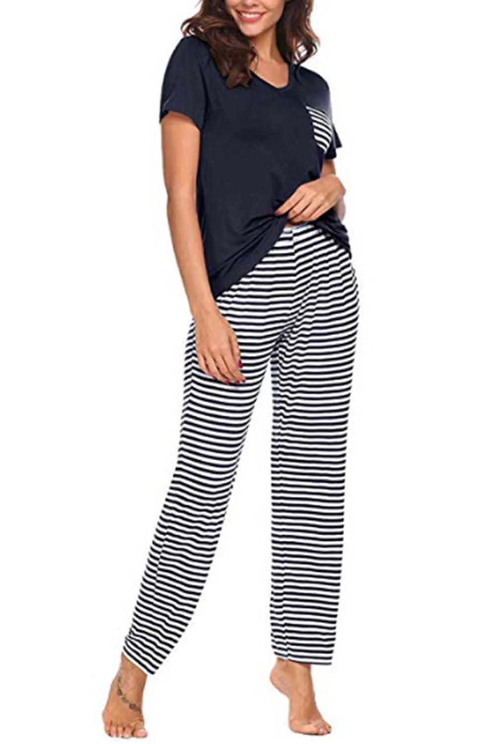Pocketed Short Sleeve Top and Striped Pants Lounge Set - Clothes For Her Online Store