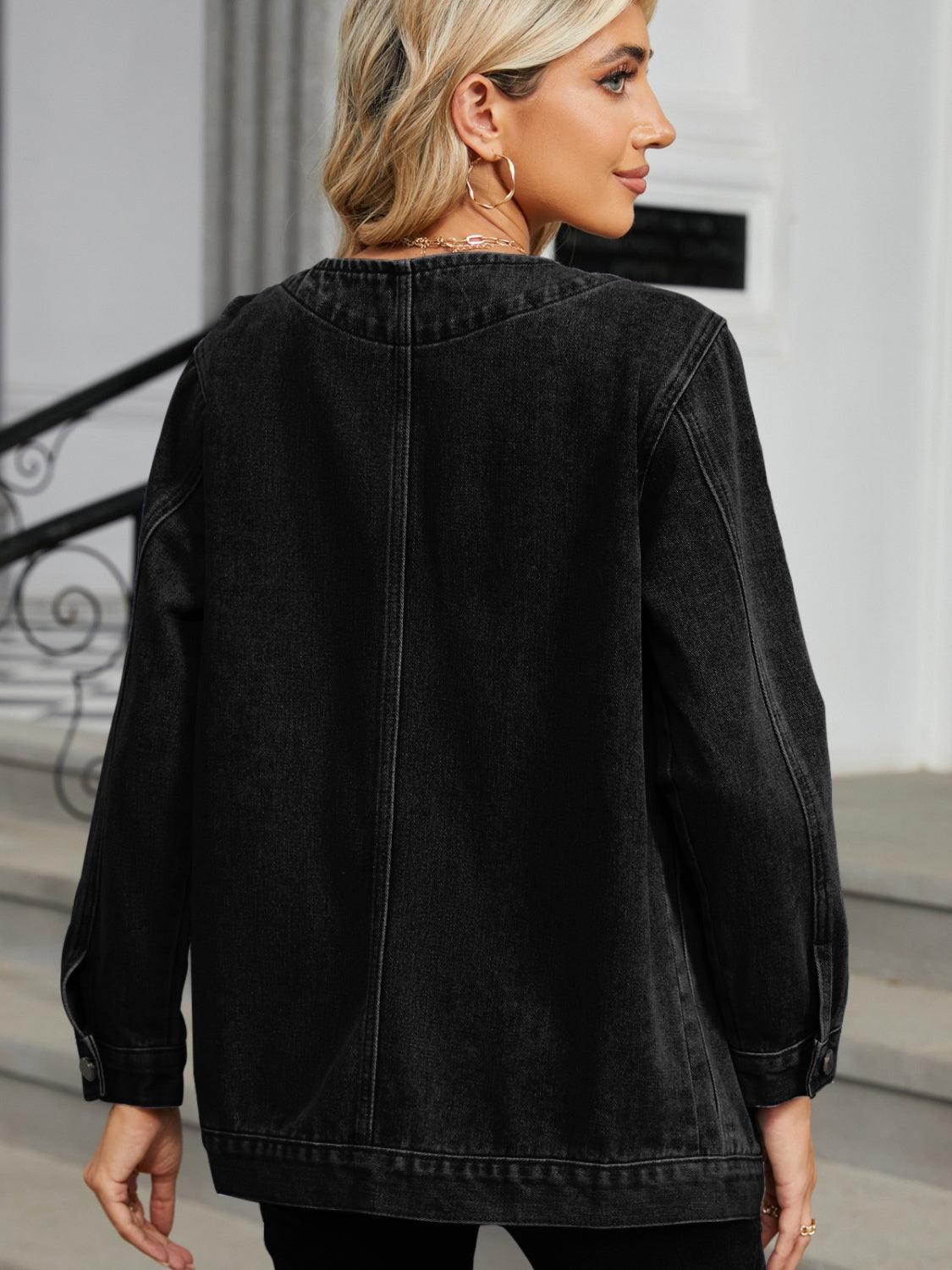 Pocketed V-Neck Button Up Denim Jacket - Clothes For Her Online Store