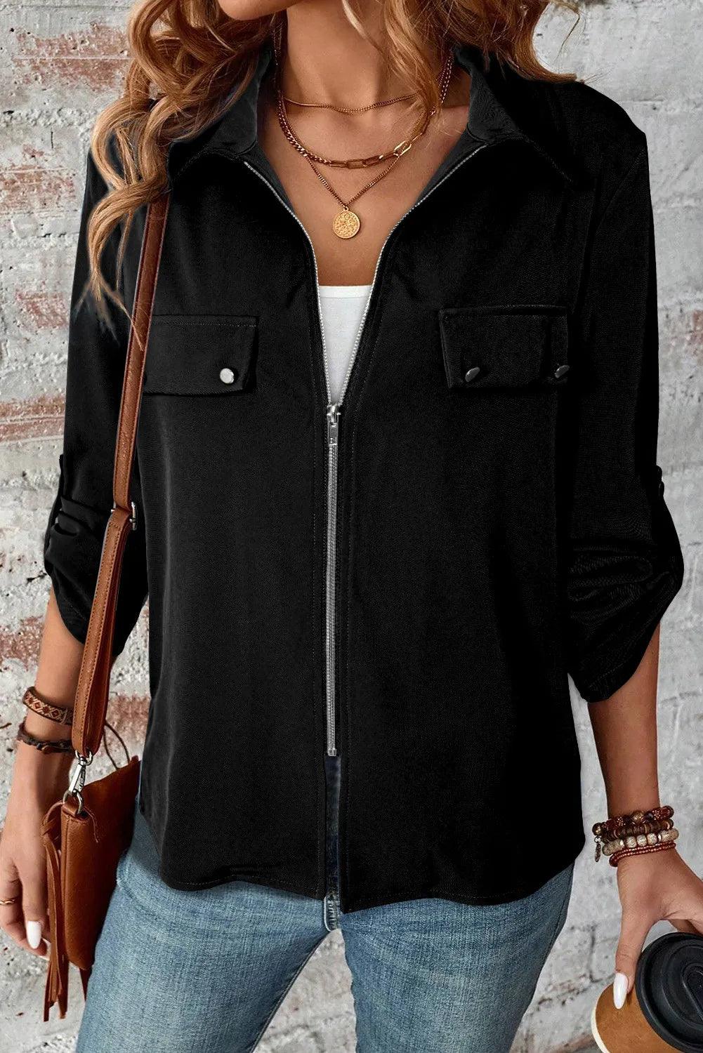 Pocketed Zip Up Collared Neck Long Sleeve Jacket - Clothes For Her Online Store