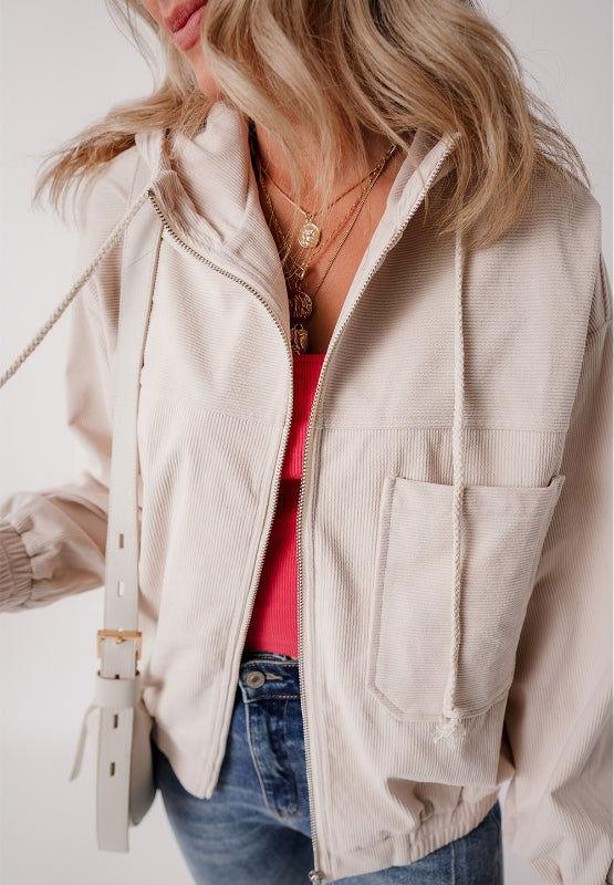 Pocketed Zip Up Long Sleeve Hooded Jacket - Clothes For Her Online Store