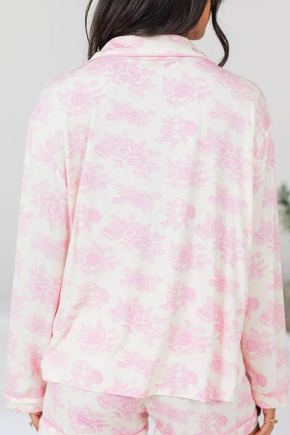 Printed Button Up Long Sleeve Top and Pants Lounge Set - Clothes For Her Online Store