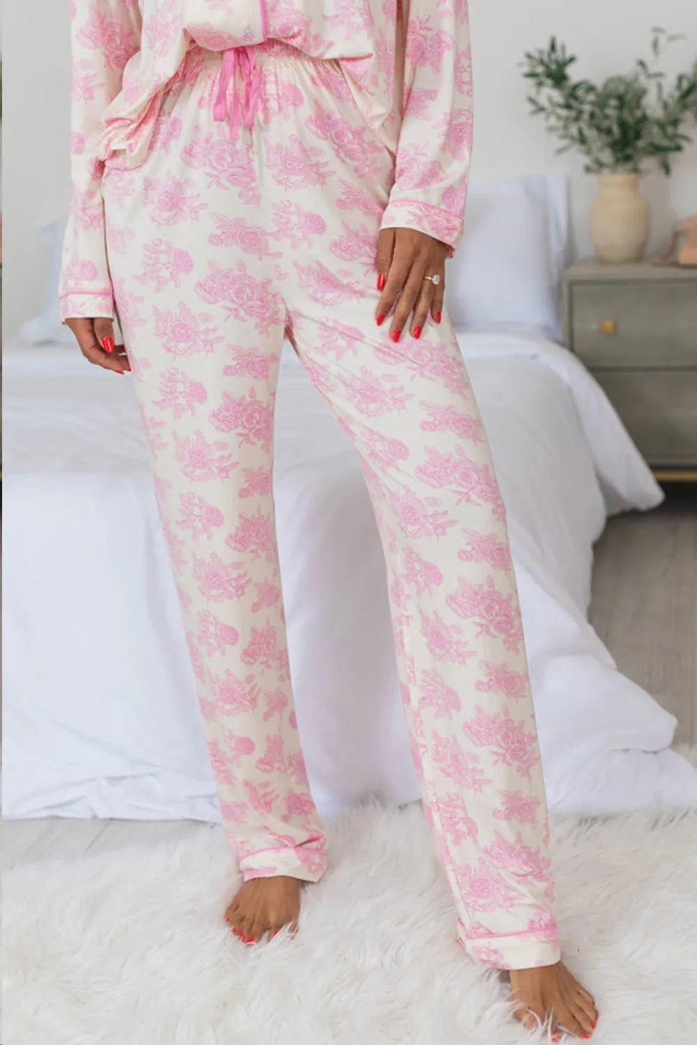 Printed Button Up Long Sleeve Top and Pants Lounge Set - Clothes For Her Online Store