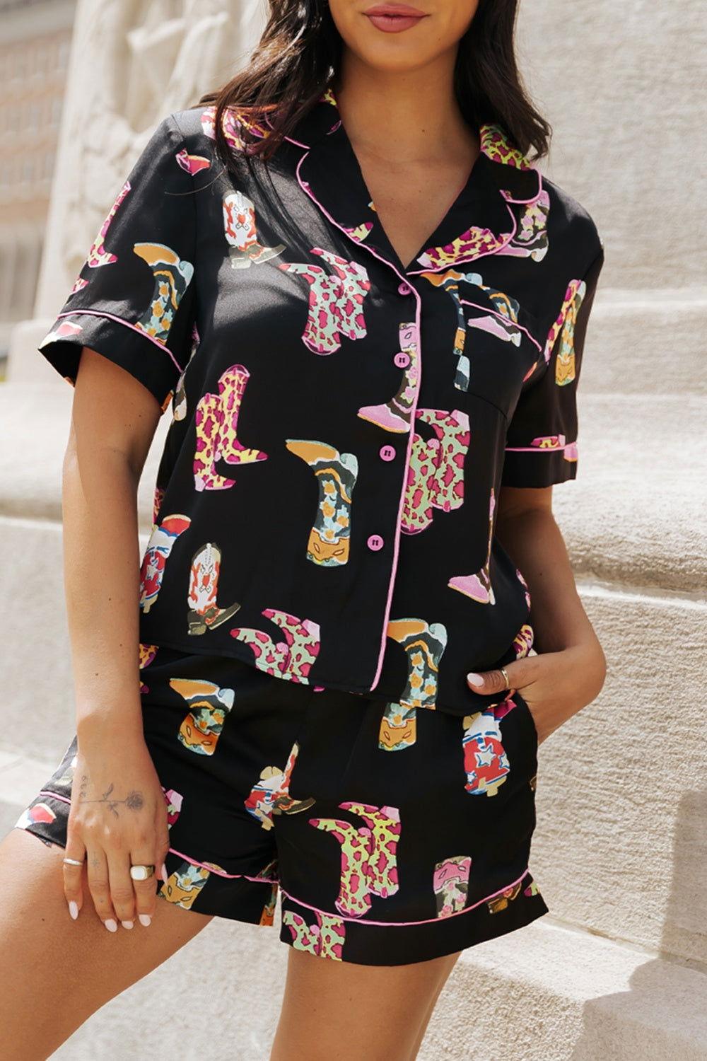 Printed Button Up Short Sleeve Top and Shorts Lounge Set - Clothes For Her Online Store