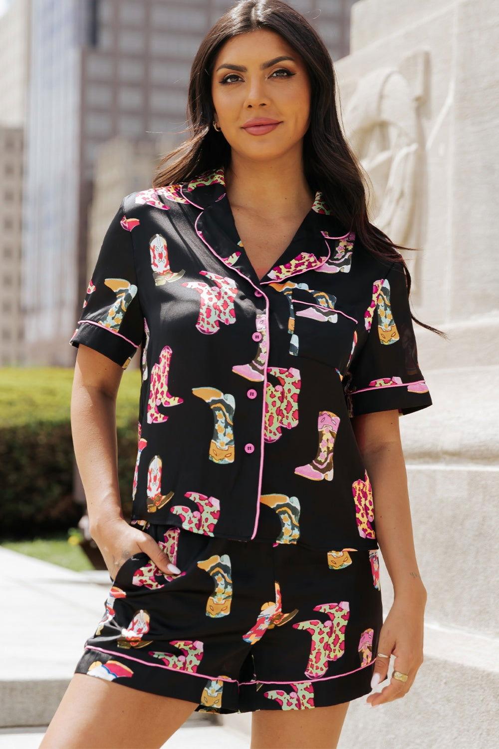 Printed Button Up Short Sleeve Top and Shorts Lounge Set - Clothes For Her Online Store