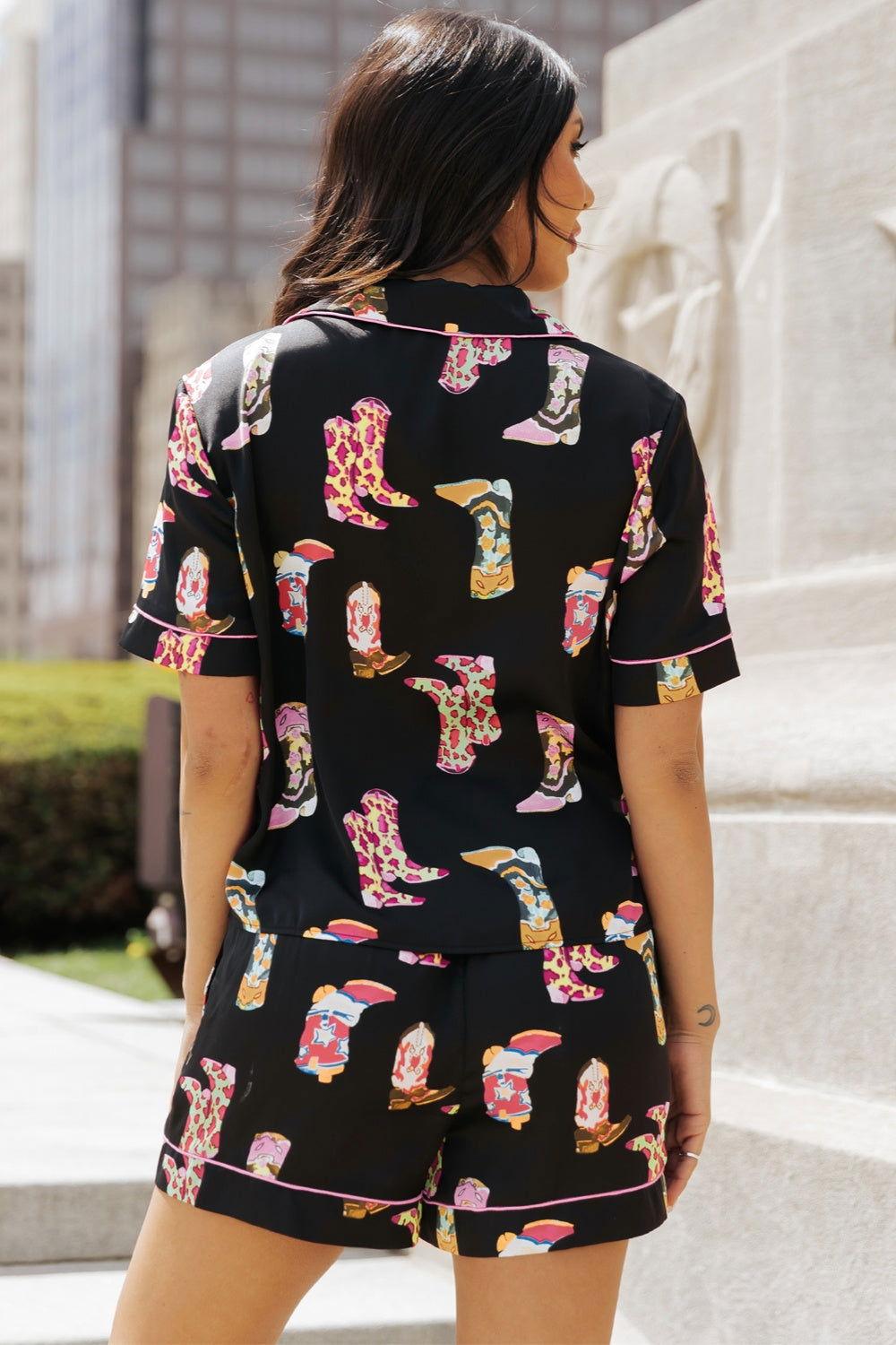 Printed Button Up Short Sleeve Top and Shorts Lounge Set - Clothes For Her Online Store
