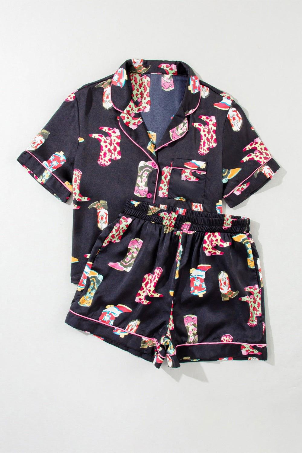 Printed Button Up Short Sleeve Top and Shorts Lounge Set - Clothes For Her Online Store