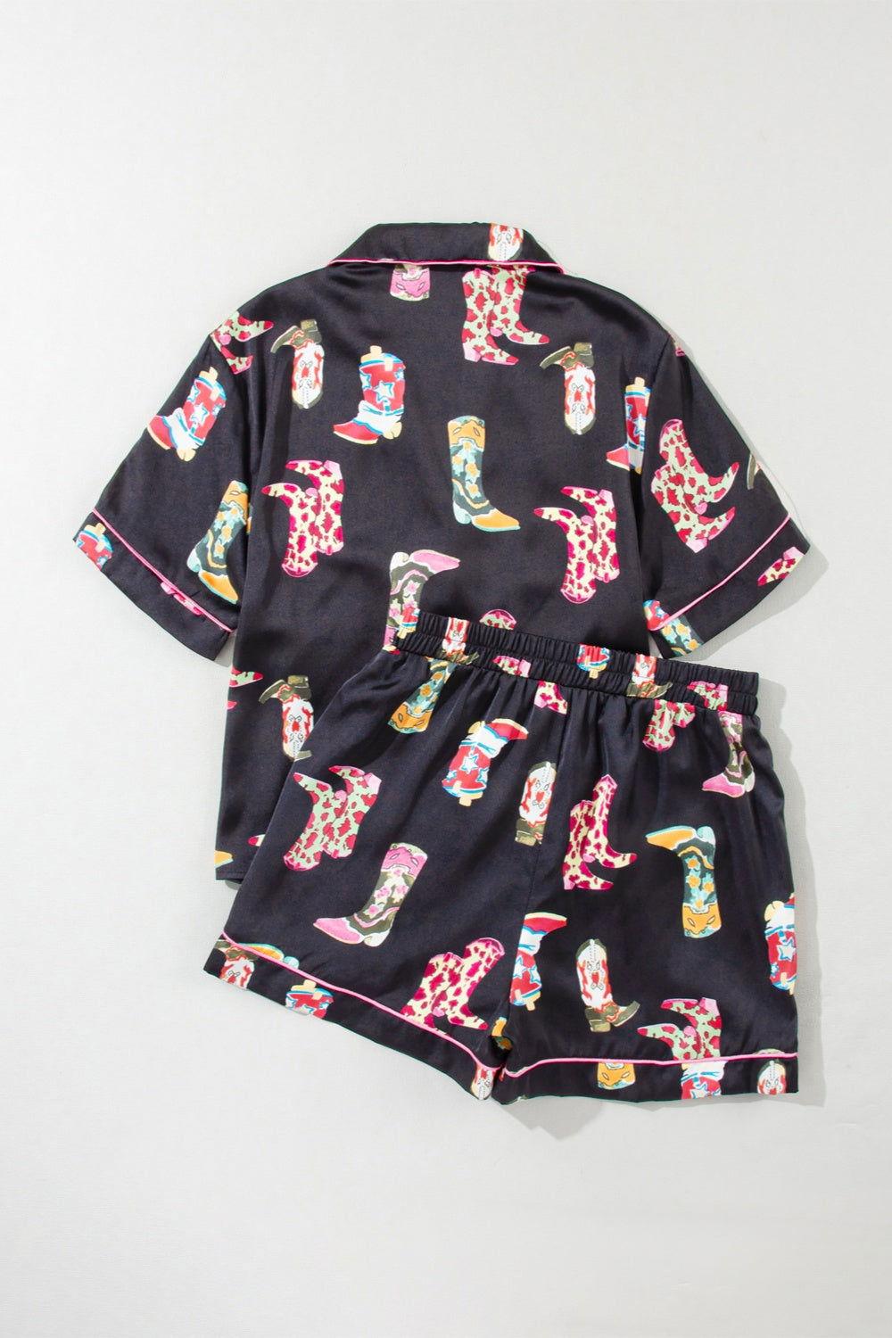 Printed Button Up Short Sleeve Top and Shorts Lounge Set - Clothes For Her Online Store