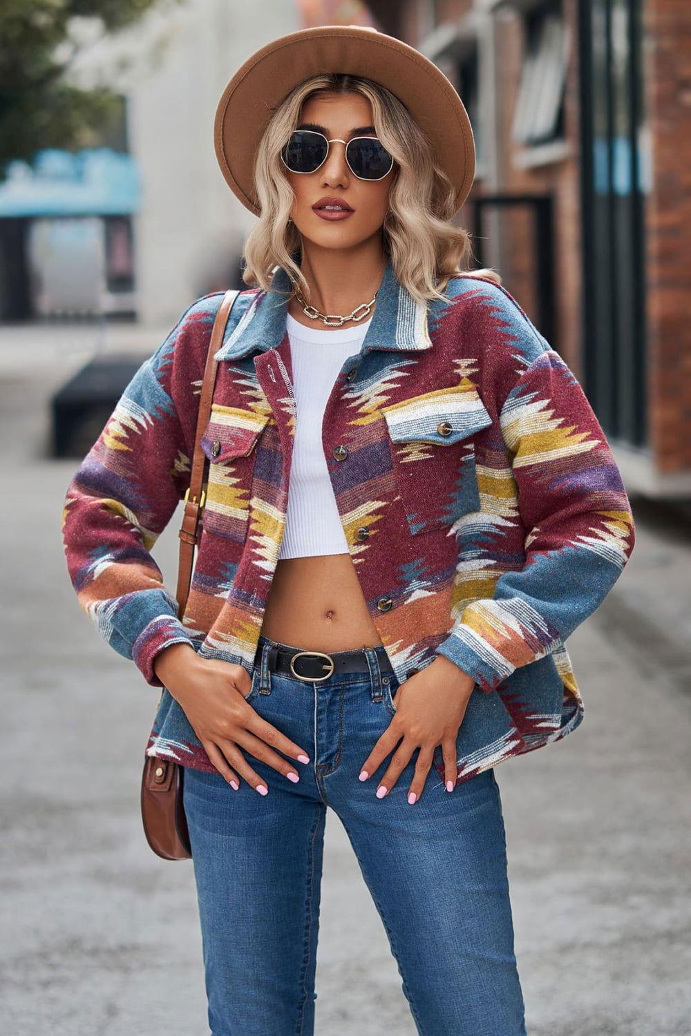 Printed Collared Neck Jacket - Clothes For Her Online Store