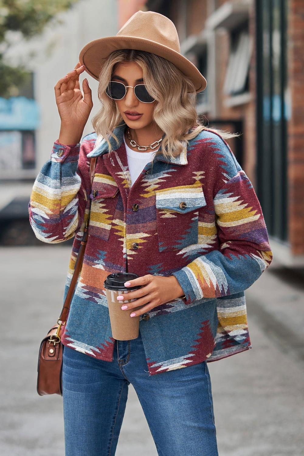 Printed Collared Neck Jacket - Clothes For Her Online Store