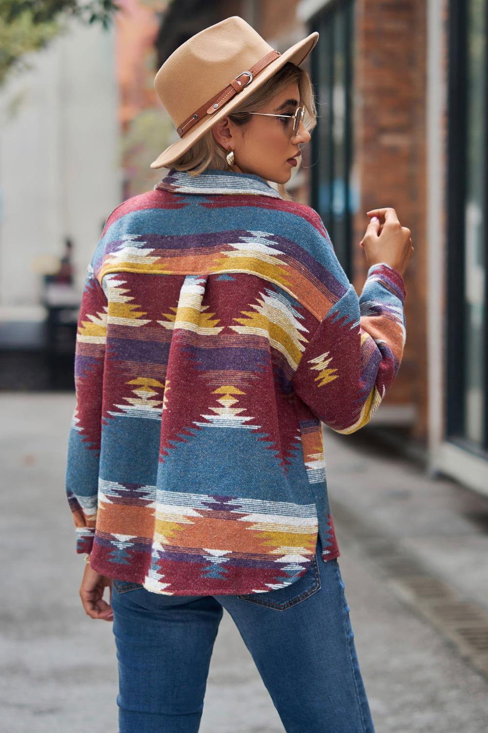 Printed Collared Neck Jacket - Clothes For Her Online Store