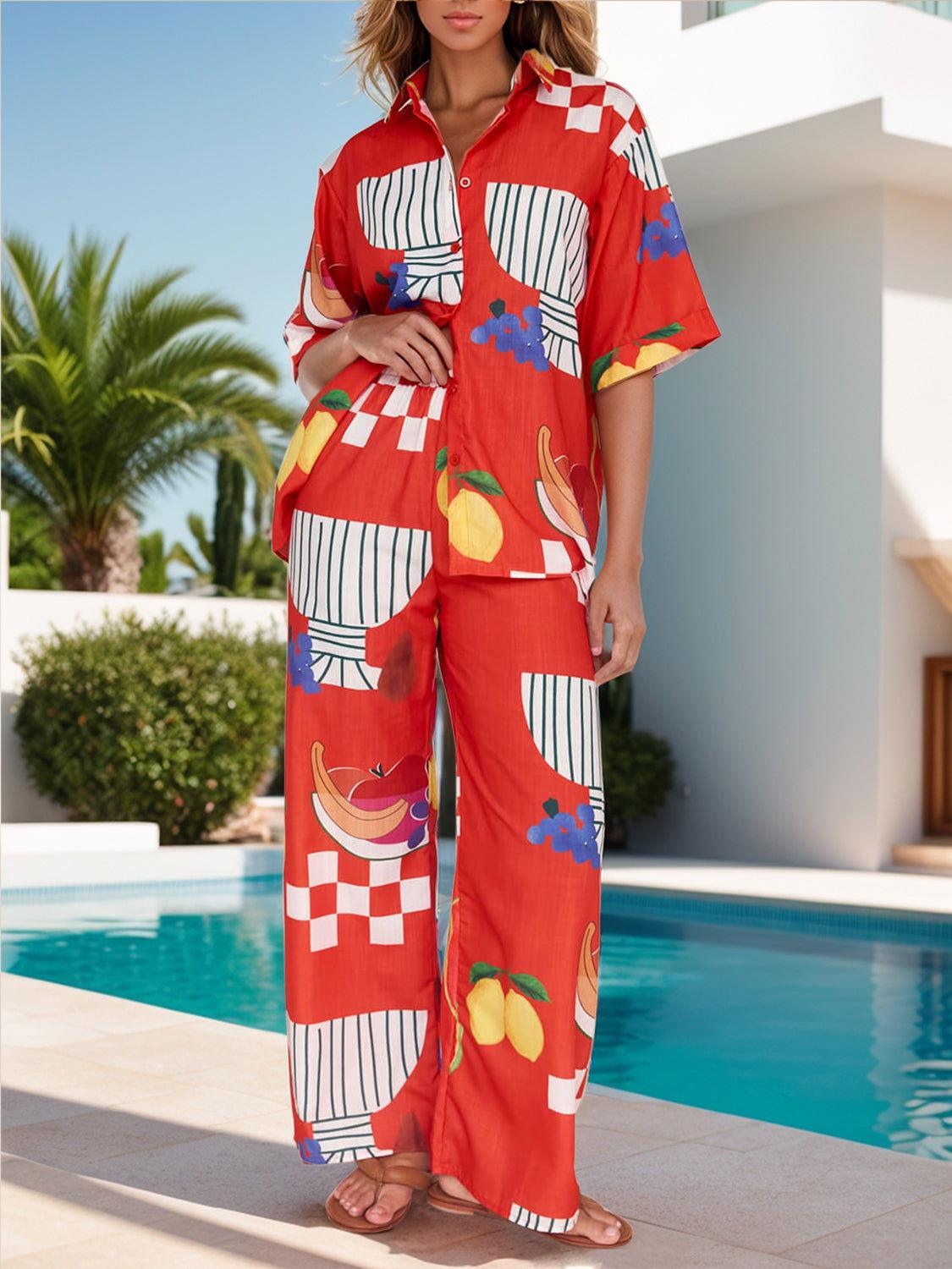 Printed Dropped Shoulder Top and Wide Leg Pants Set - Clothes For Her Online Store