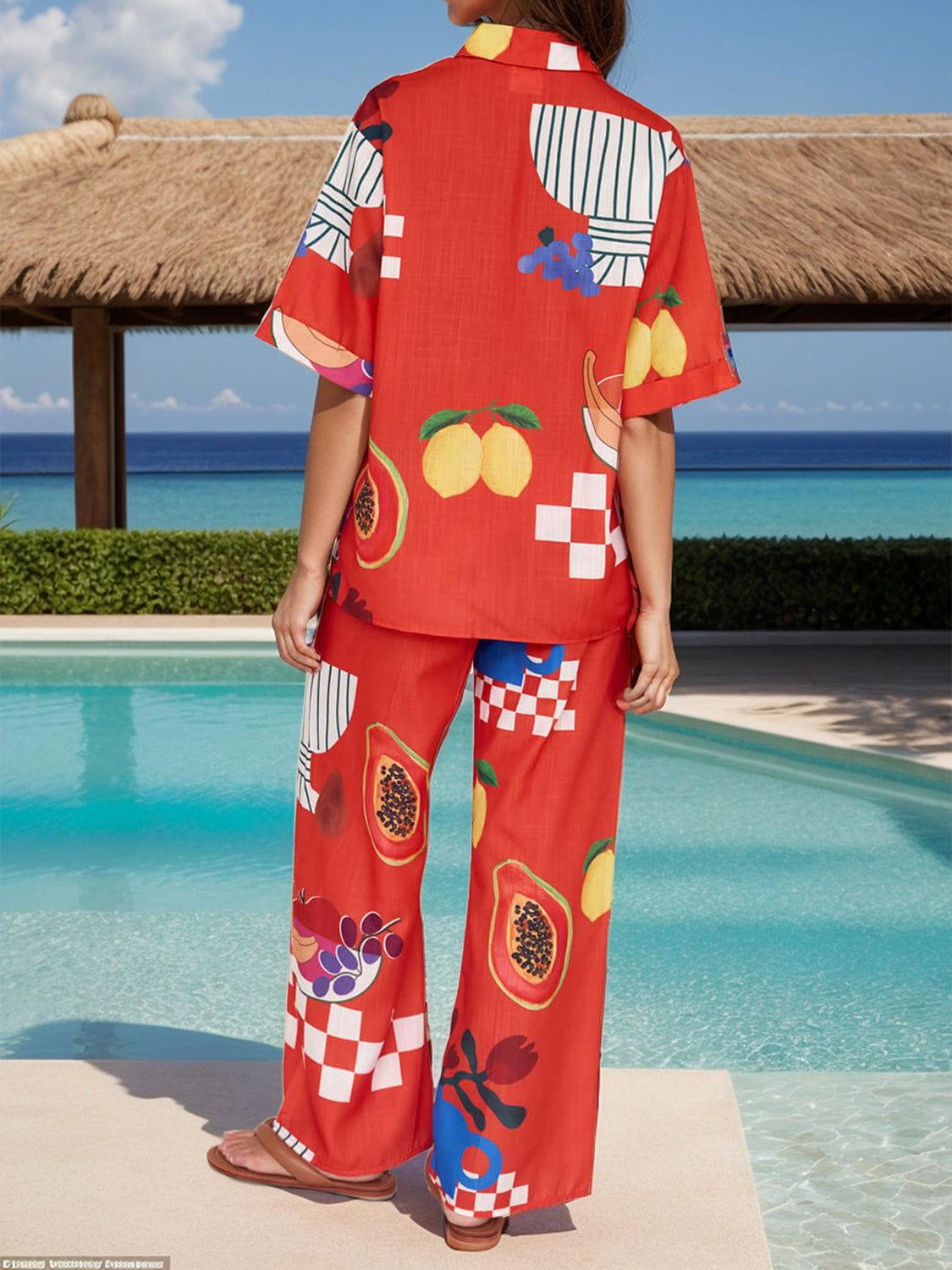 Printed Dropped Shoulder Top and Wide Leg Pants Set - Clothes For Her Online Store