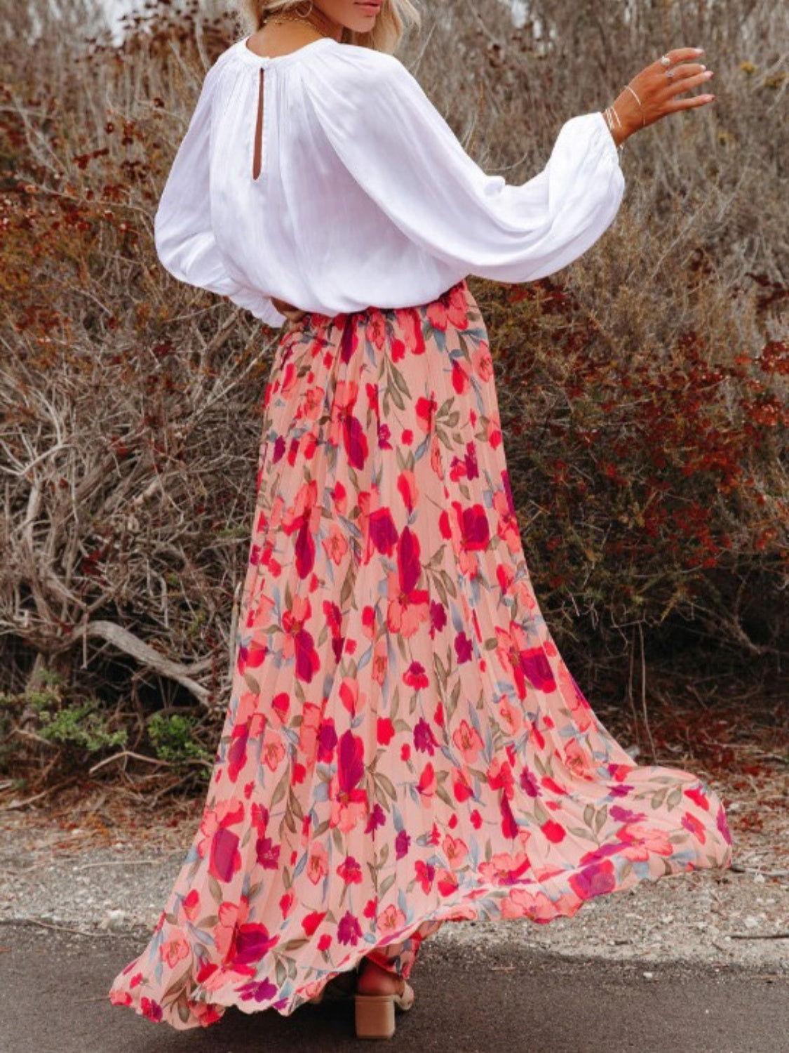 Printed Elastic Waist Pleated Maxi Skirt - Clothes For Her Online Store