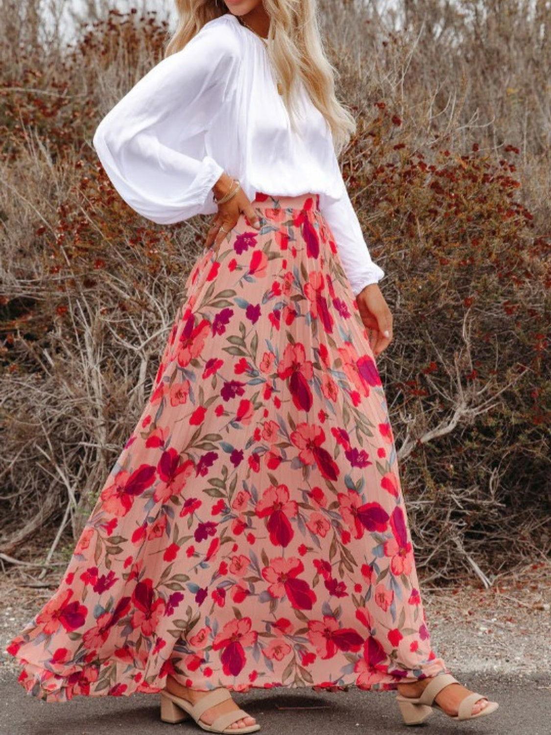 Printed Elastic Waist Pleated Maxi Skirt - Clothes For Her Online Store