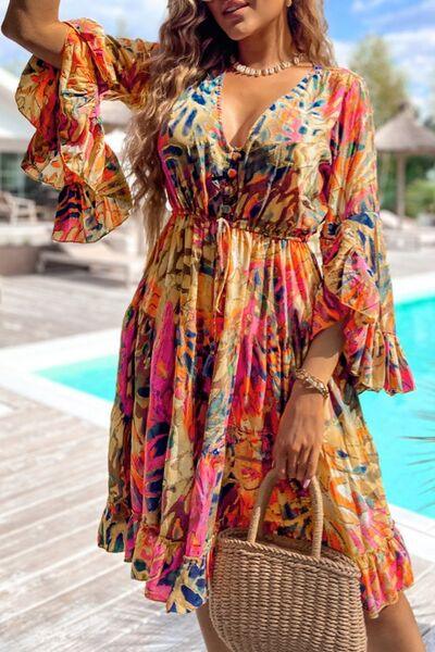 Printed Flare Sleeve Ruffled Hem Dress - Clothes For Her Online Store