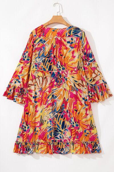Printed Flare Sleeve Ruffled Hem Dress - Clothes For Her Online Store