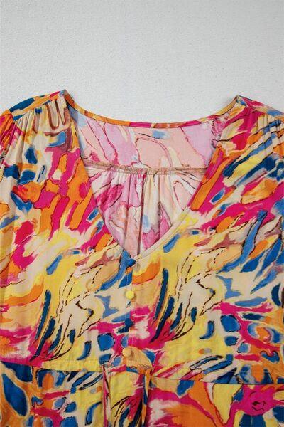 Printed Flare Sleeve Ruffled Hem Dress - Clothes For Her Online Store