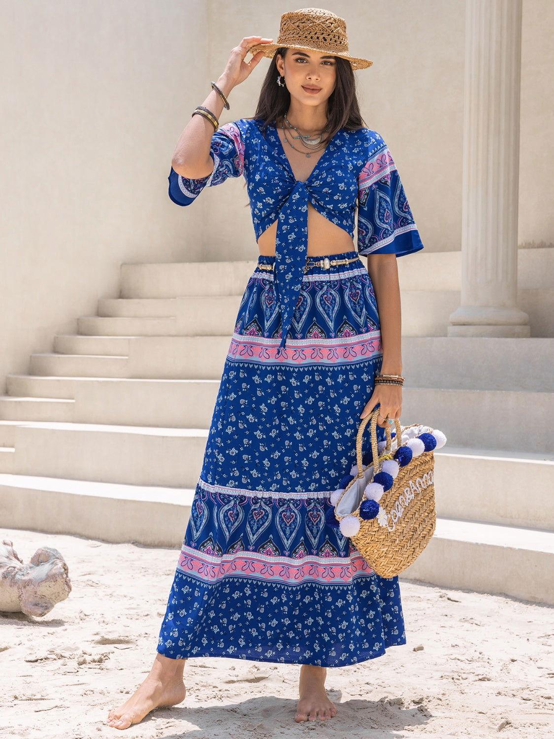 Printed Flutter Sleeve Top and Skirt Set - Clothes For Her Online Store