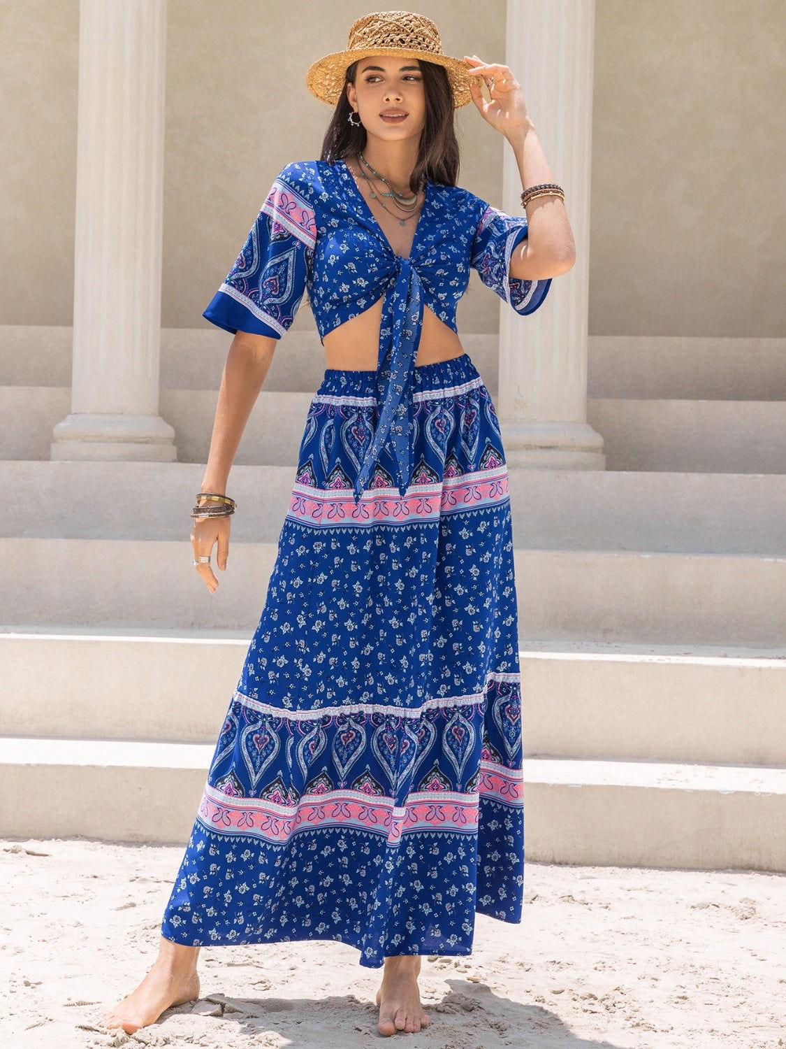 Printed Flutter Sleeve Top and Skirt Set - Clothes For Her Online Store