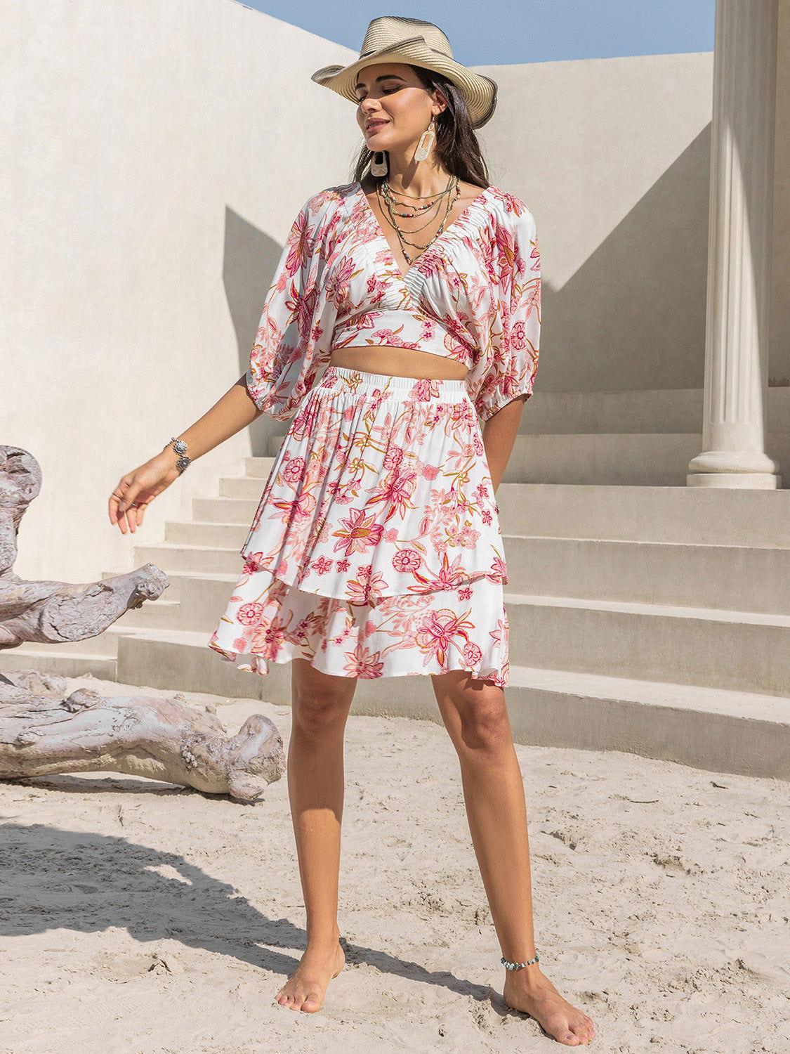 Printed Half Sleeve Top and Layered Skirt Set - Clothes For Her Online Store