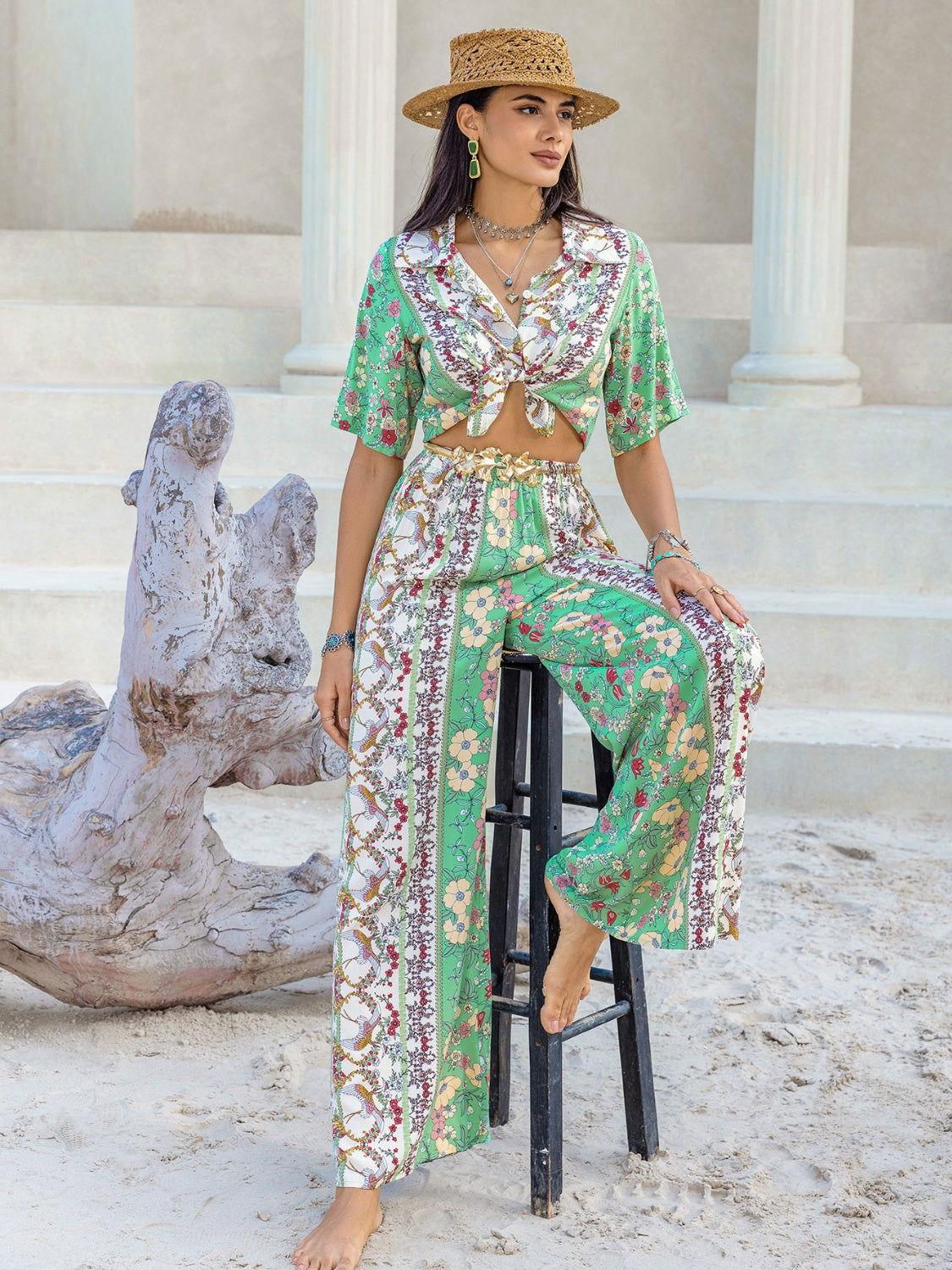 Printed Half Sleeve Top and Wide Leg Pants Set - Clothes For Her Online Store
