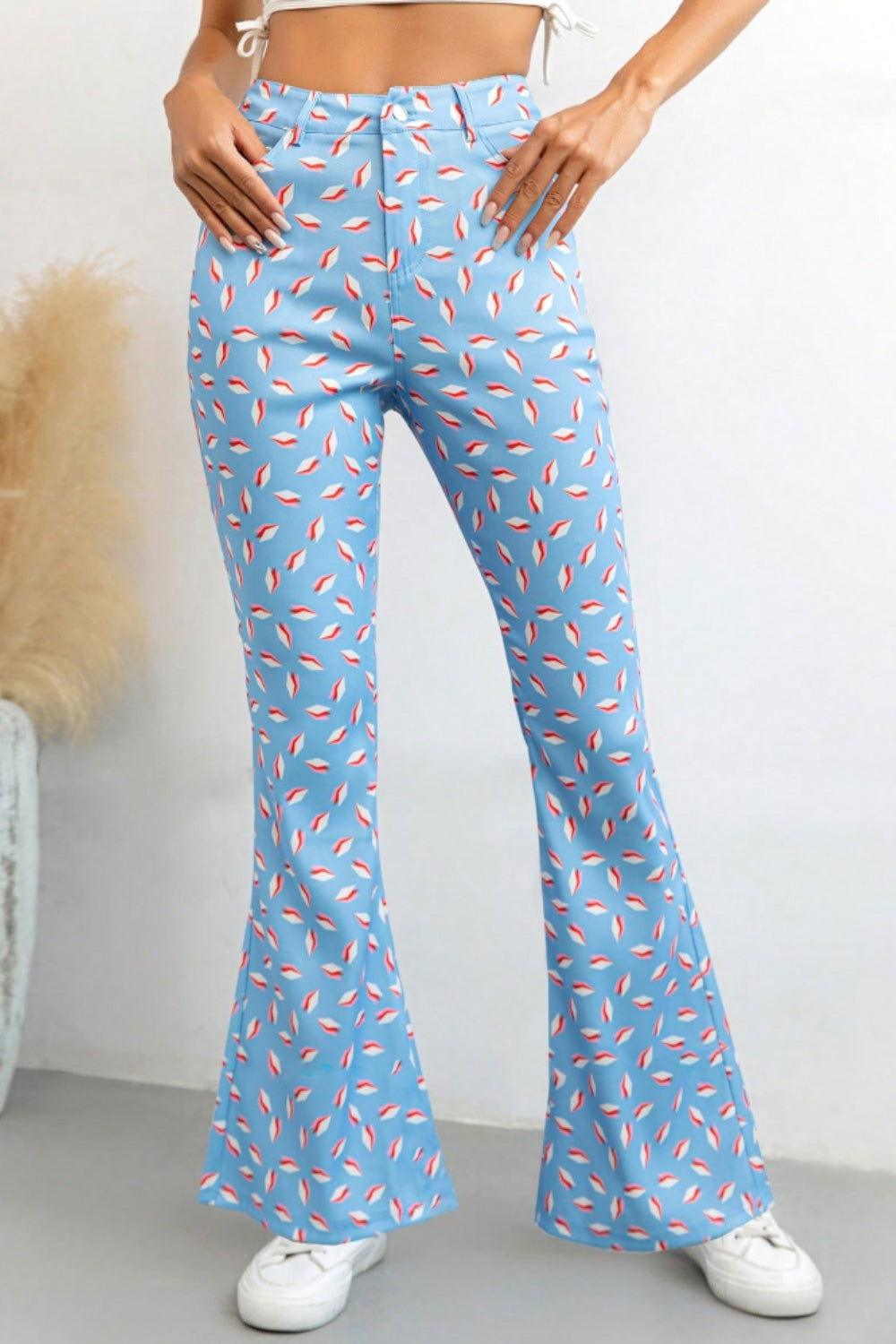 Printed High Waist Flare Pants with Pockets - Clothes For Her Online Store