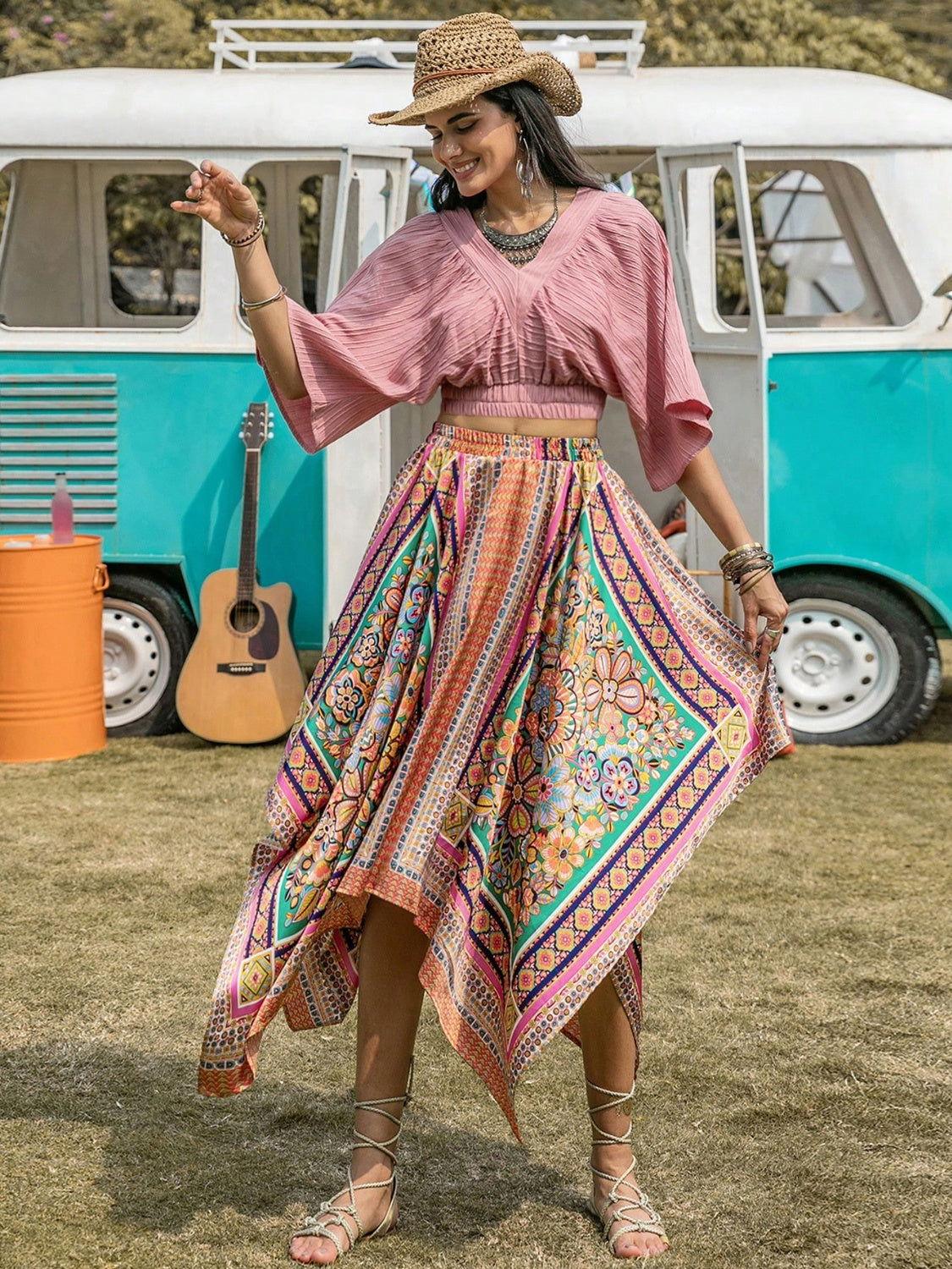 Printed High Waist Handkerchief Hem Skirt - Clothes For Her Online Store