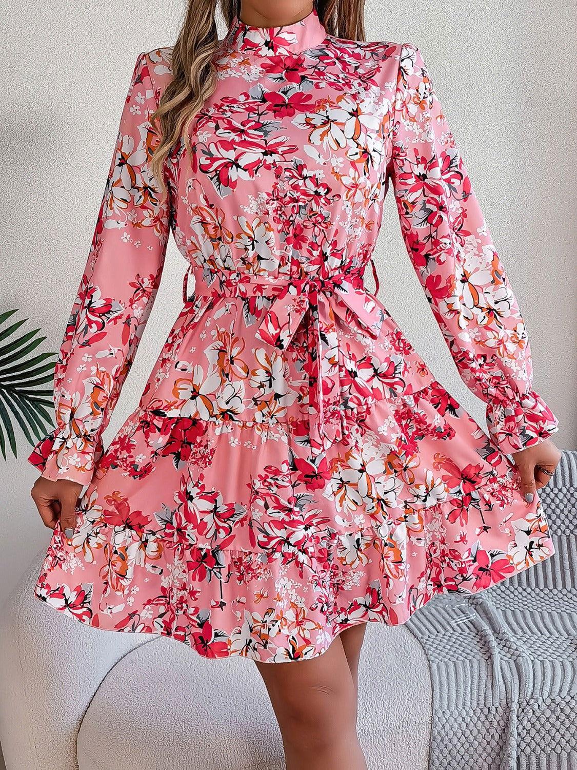 Printed Mock Neck Flounce Sleeve Mini Dress - Clothes For Her Online Store