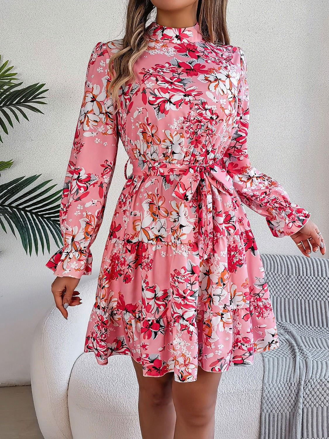 Printed Mock Neck Flounce Sleeve Mini Dress - Clothes For Her Online Store