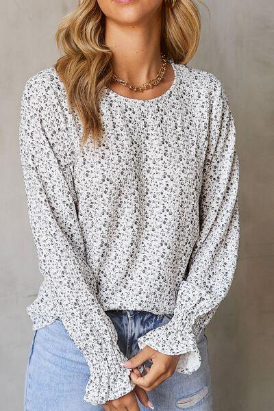 Printed Round Neck Flounce Sleeve Blouse - Clothes For Her Online Store