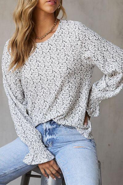 Printed Round Neck Flounce Sleeve Blouse - Clothes For Her Online Store
