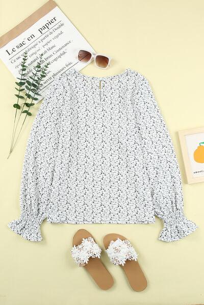 Printed Round Neck Flounce Sleeve Blouse - Clothes For Her Online Store