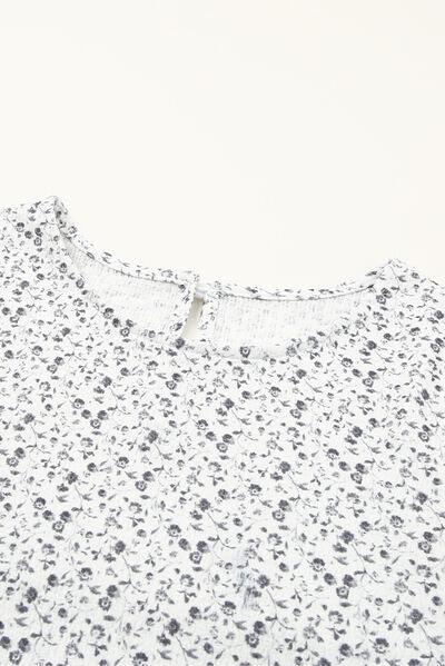 Printed Round Neck Flounce Sleeve Blouse - Clothes For Her Online Store