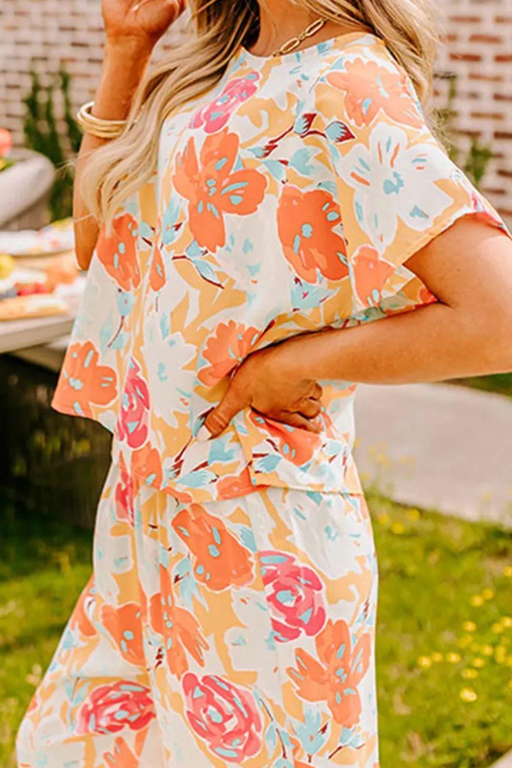 Printed Round Neck Short Sleeve Top and Pants Set - Clothes For Her Online Store