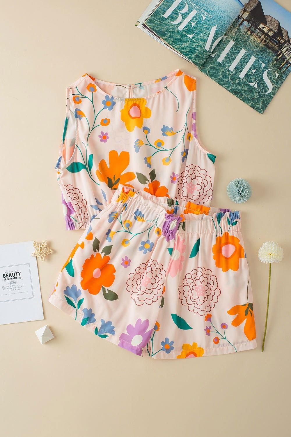 Printed Round Neck Sleeveless Top and Shorts Set - Clothes For Her Online Store