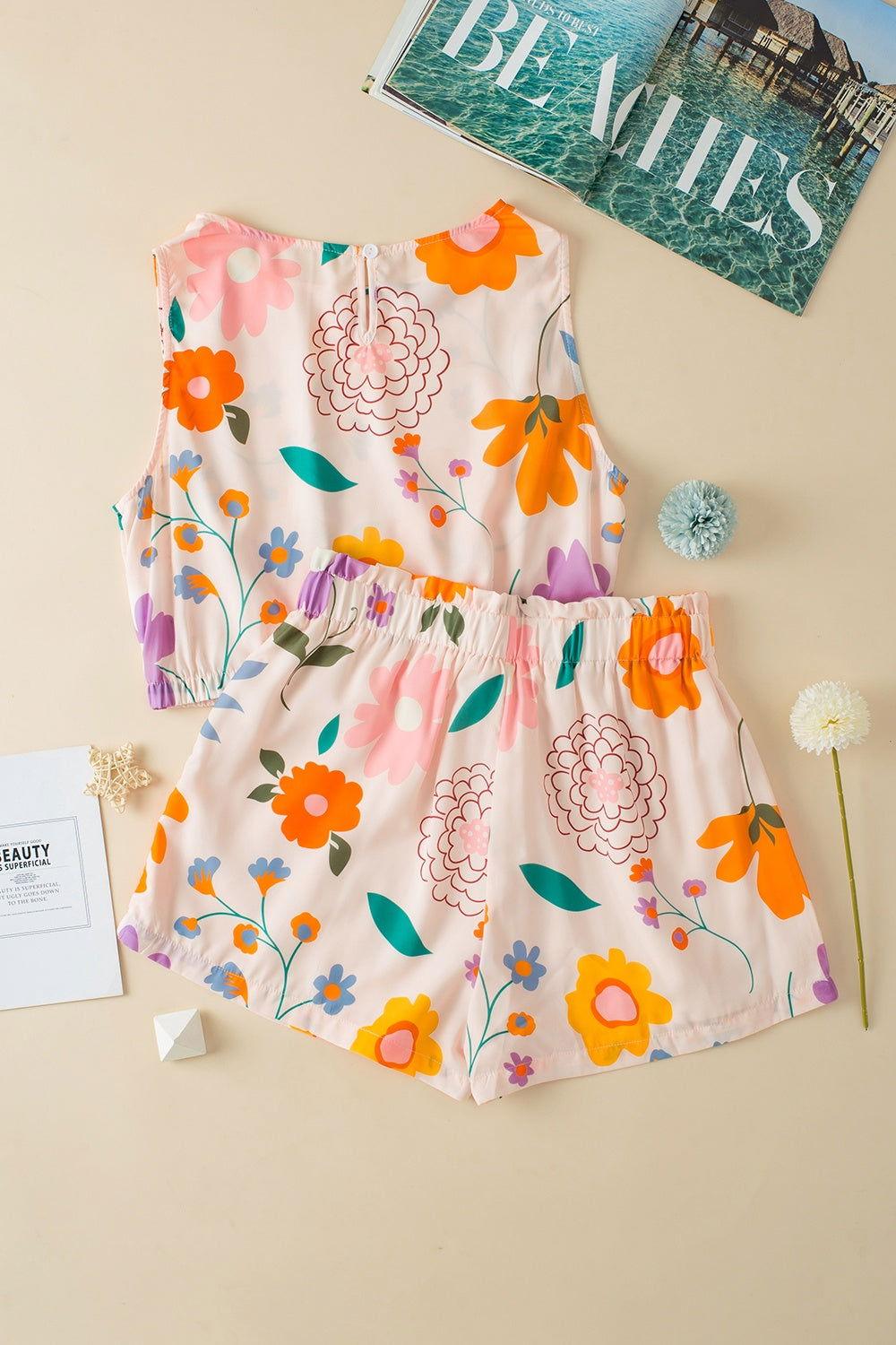 Printed Round Neck Sleeveless Top and Shorts Set - Clothes For Her Online Store