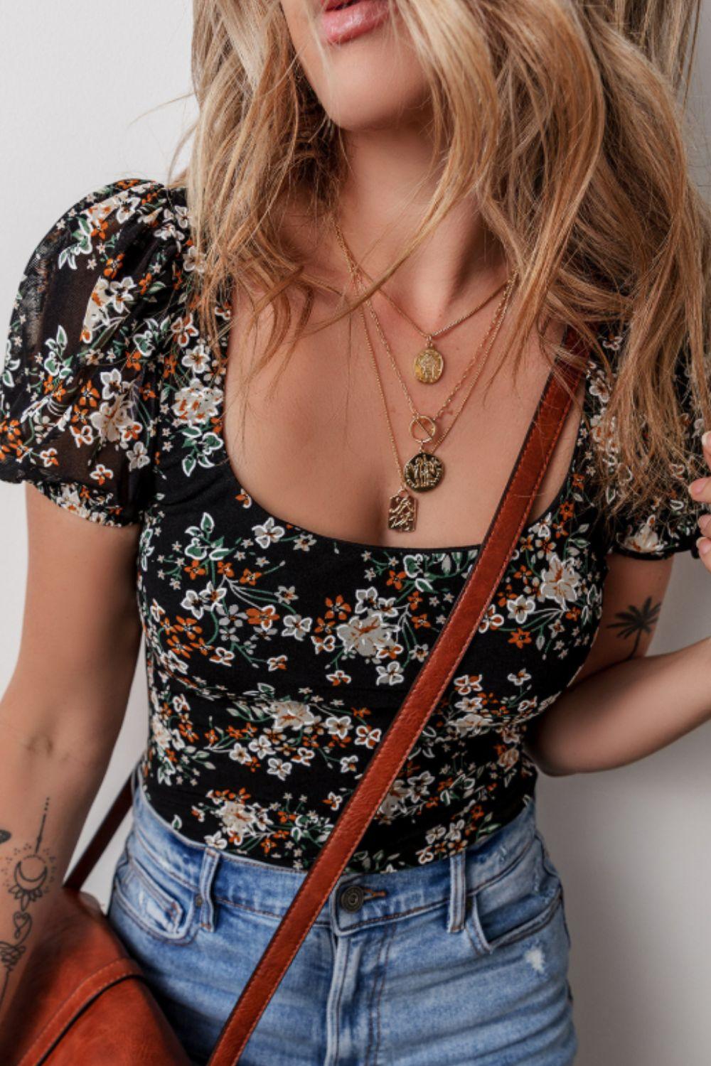 Printed Scoop Neck Short Sleeve Bodysuit - Clothes For Her Online Store