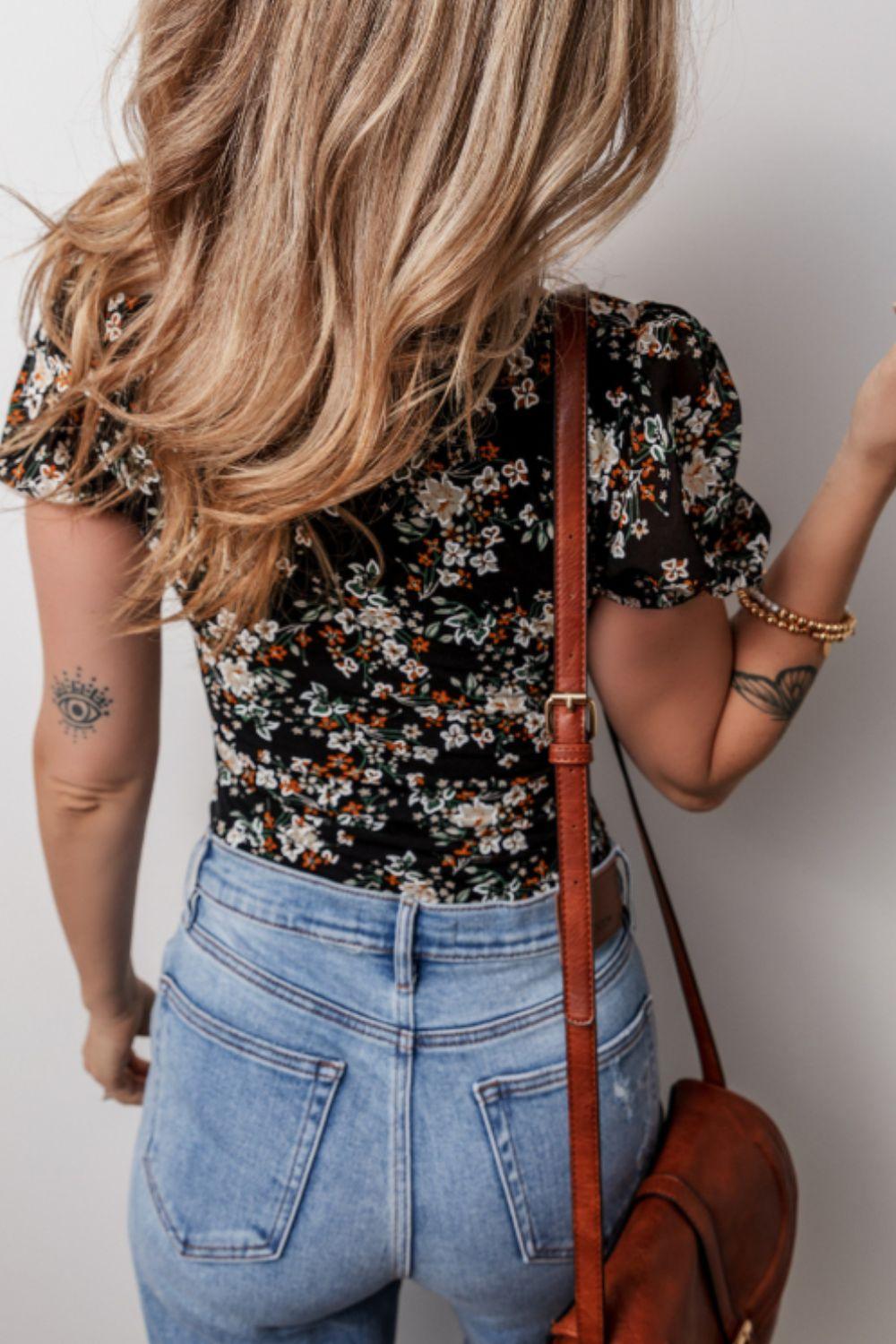 Printed Scoop Neck Short Sleeve Bodysuit - Clothes For Her Online Store