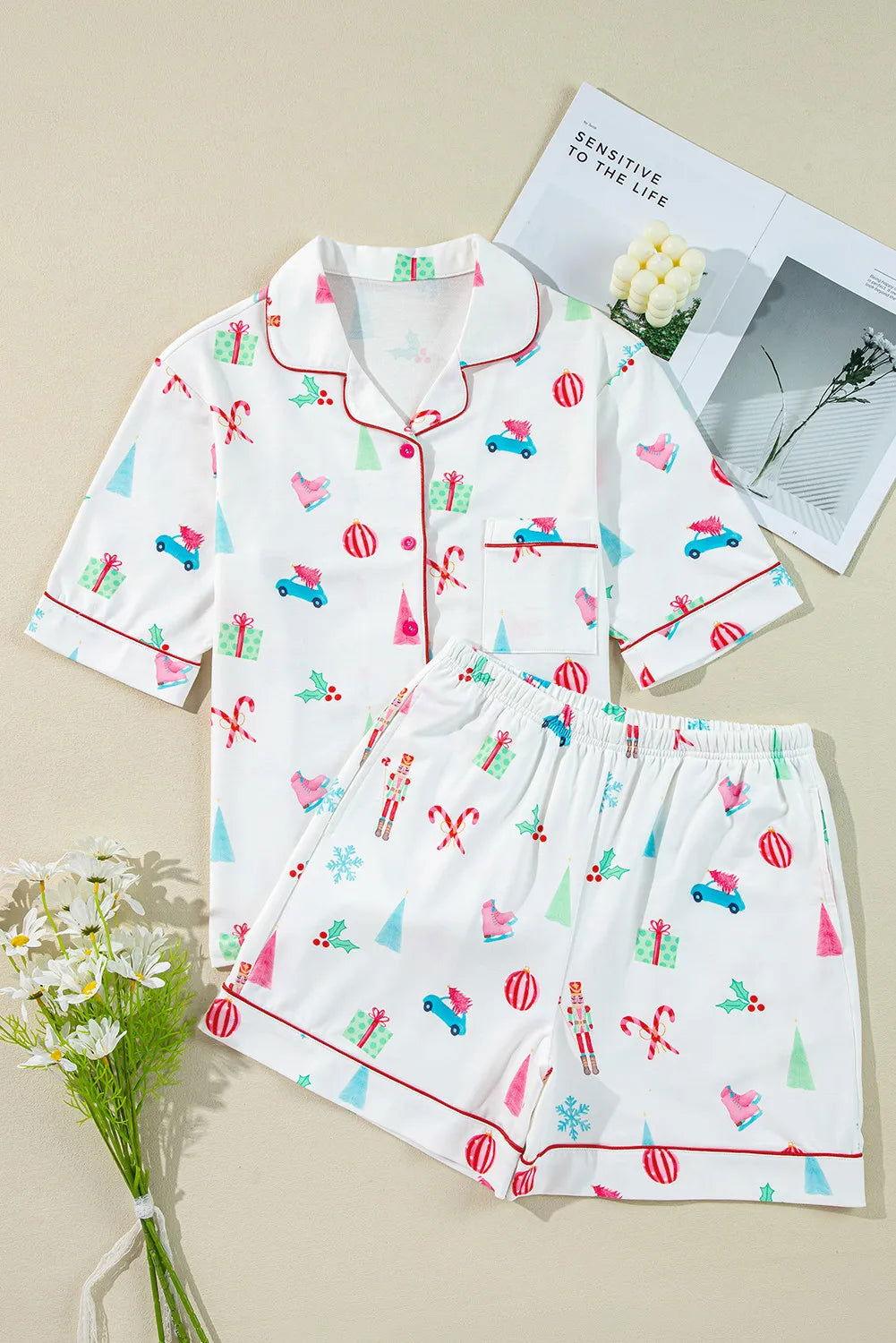 Printed Short Sleeve Top and Shorts Lounge Set - Clothes For Her Online Store