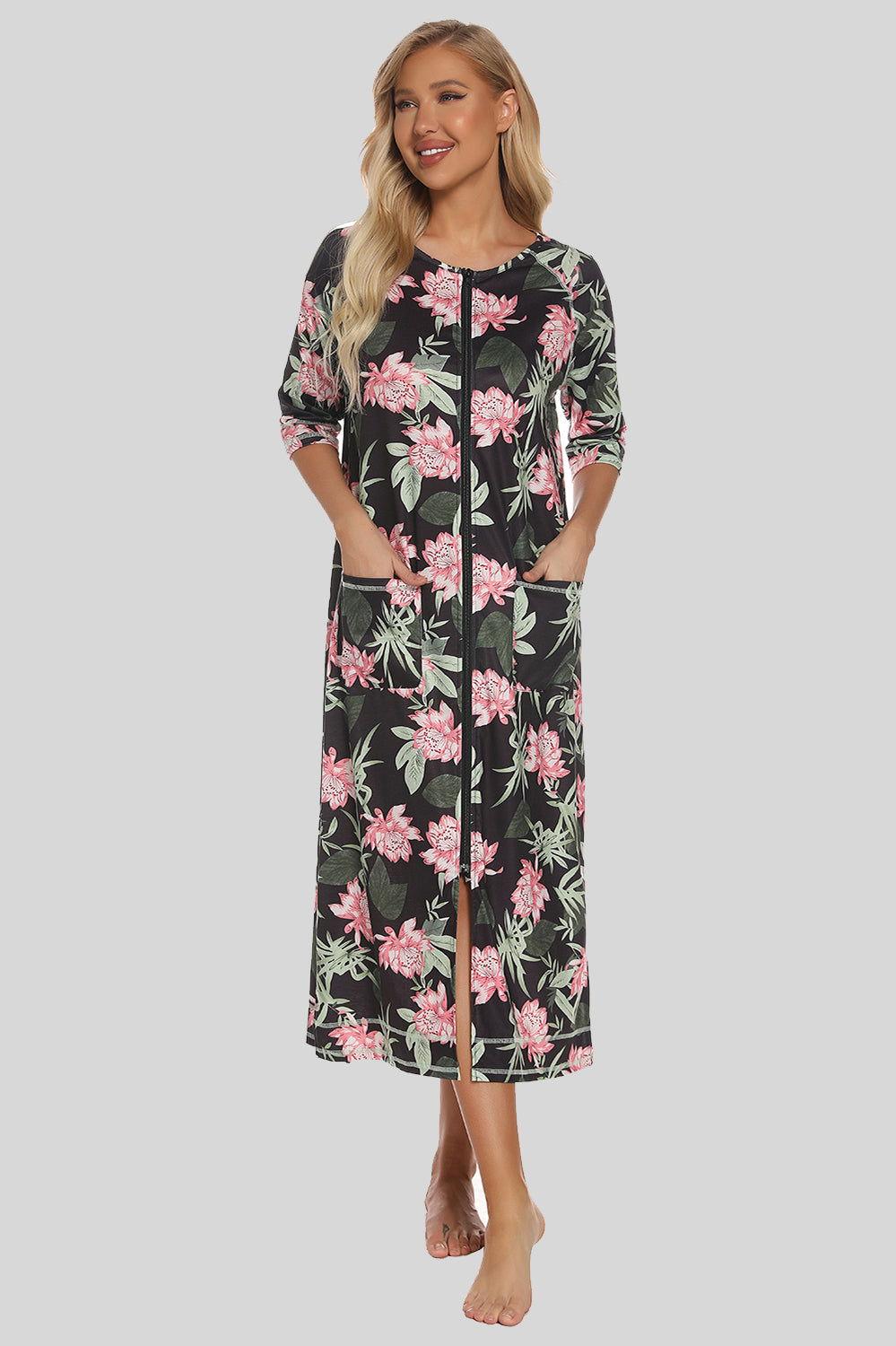 Printed Slit Night Dress with Pockets - Clothes For Her Online Store